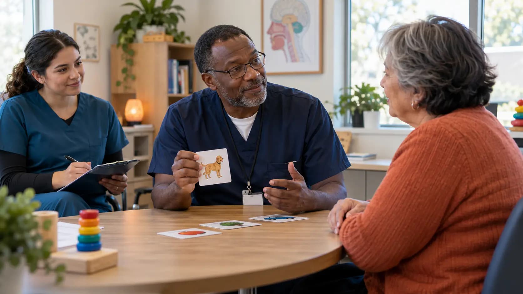 Speech Therapy clinician and patient sharing a warm, attentive moment in a clinic