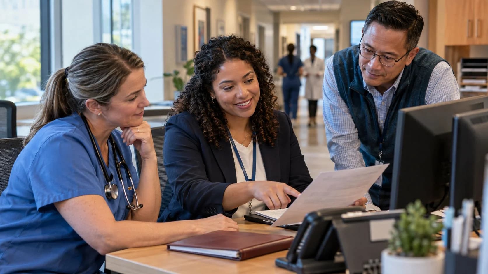 Denial-resolution specialist and clinician reviewing a claim together