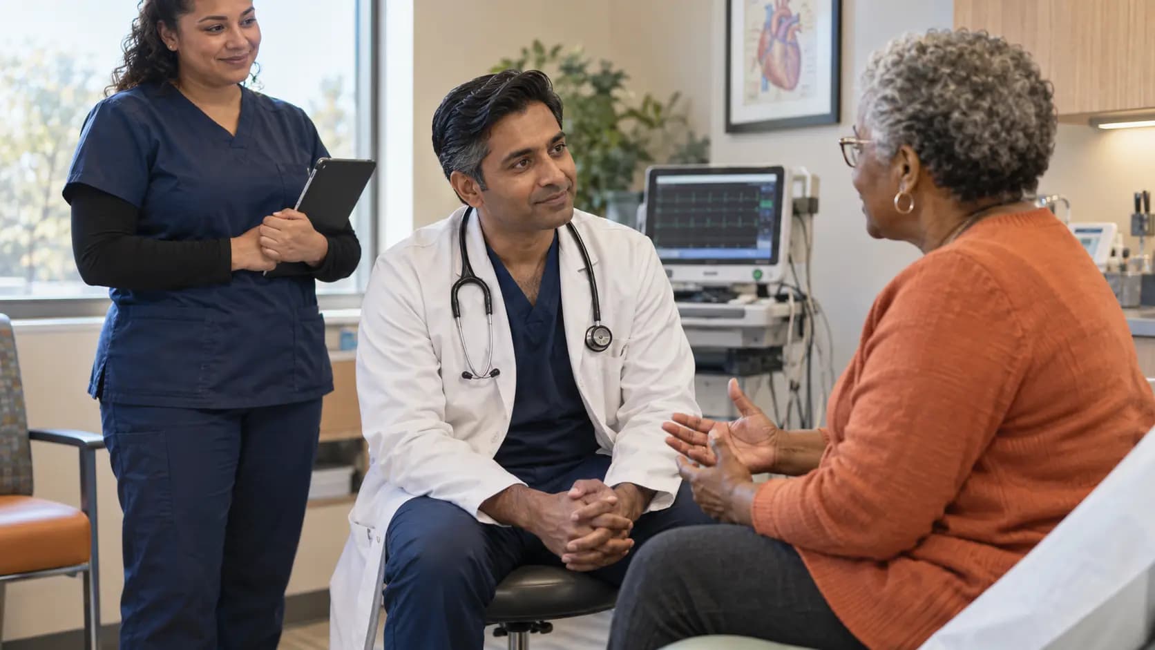 Cardiology clinician and patient sharing a warm, attentive moment in a clinic