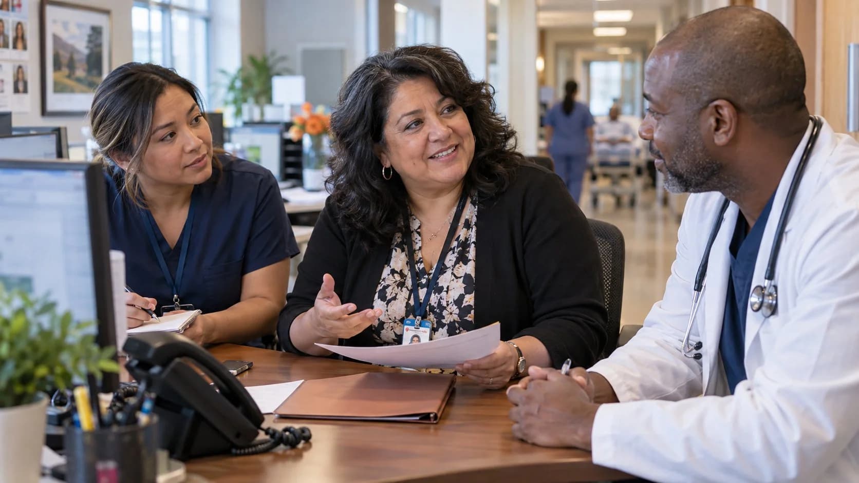 Patient-access coordinator and clinician resolving an authorization issue