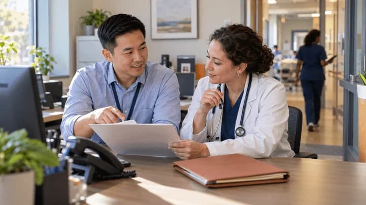 Medical coder and clinician resolving a claim detail together