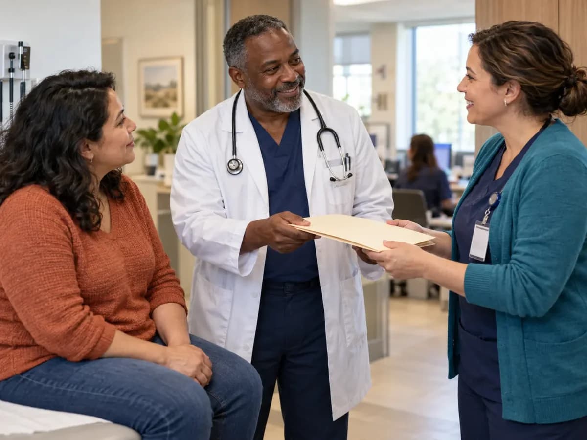 Clinician, patient, and healthcare colleague sharing a warm clinic interaction