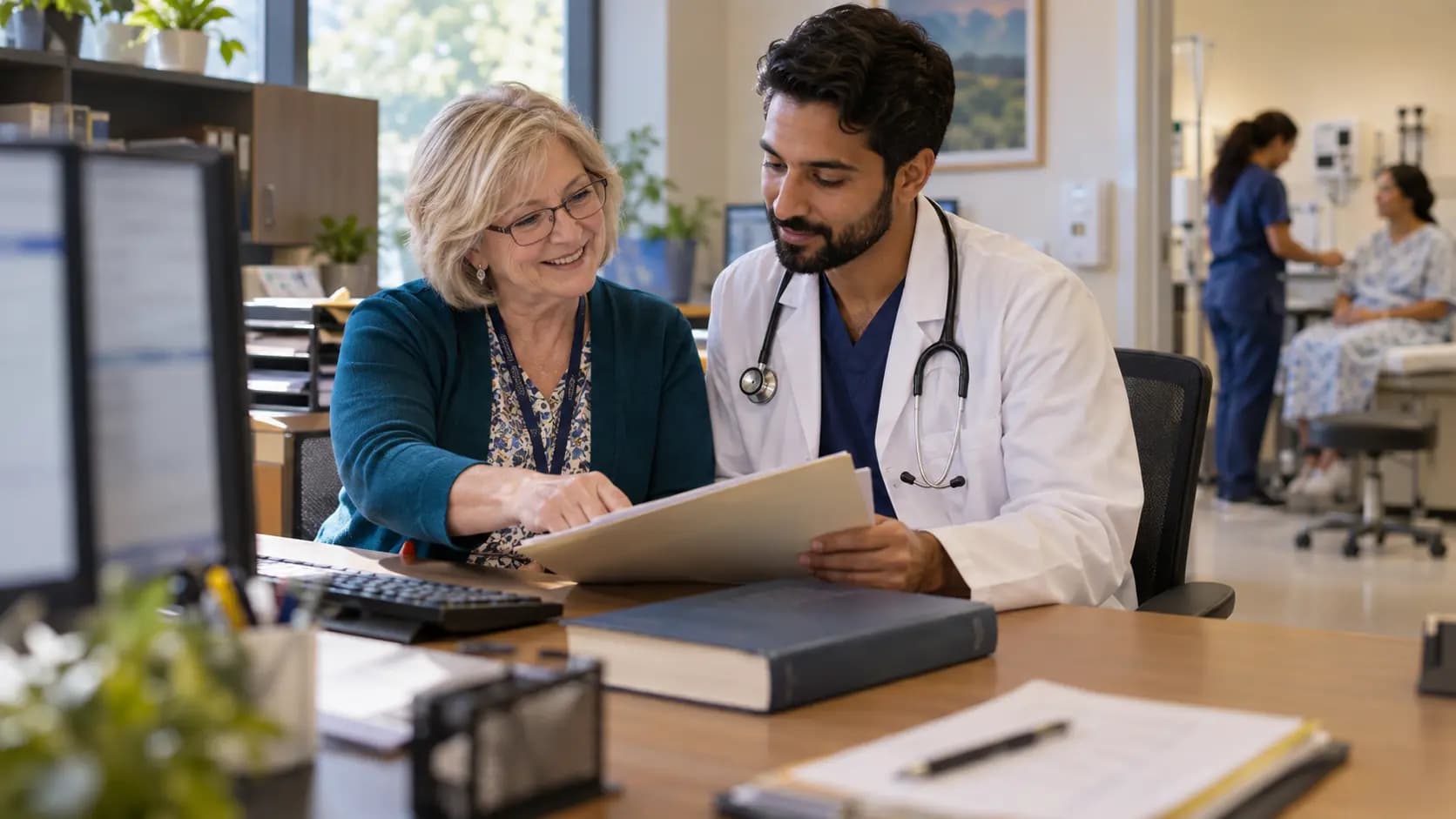 Medical coder and clinician resolving documentation together Medical coder and clinician resolving documentation together