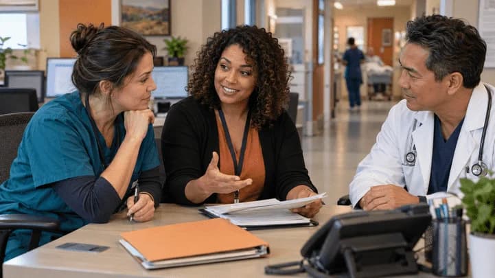 Patient-access coordinator and clinician resolving an authorization issue