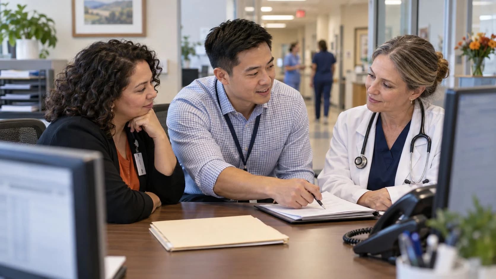 Denial-resolution specialist and clinician reviewing a claim together