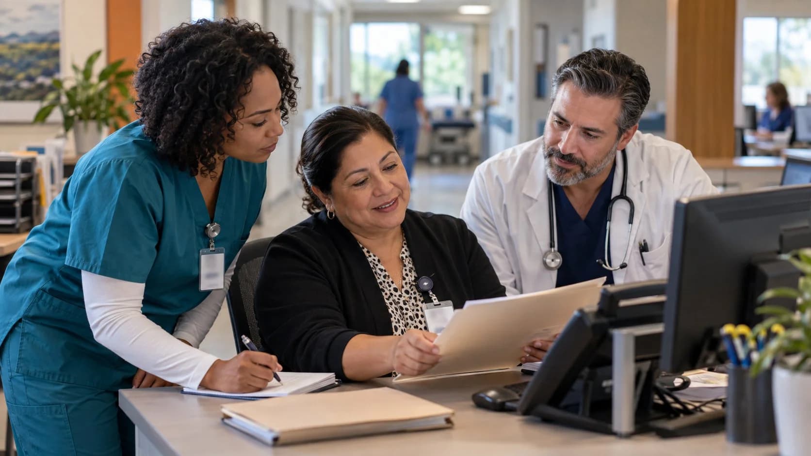Patient-access coordinator and clinician resolving an authorization issue
