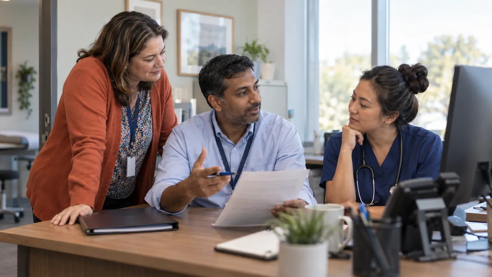 Practice manager and clinician reviewing payer requirements with a specialist