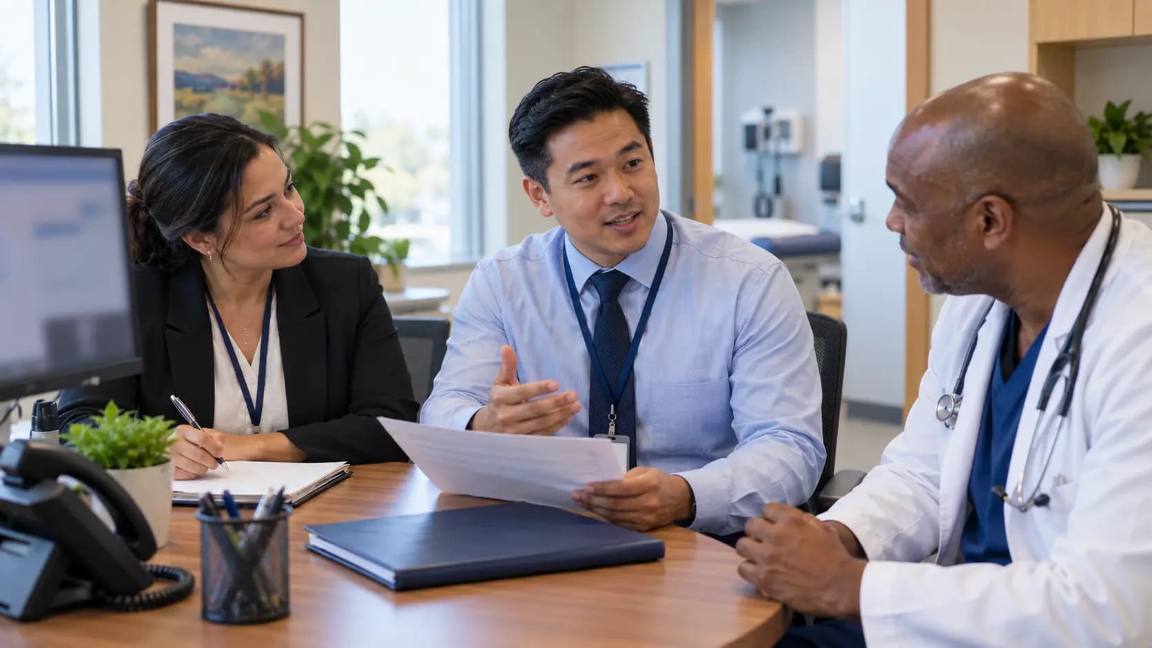 Practice manager and clinician reviewing payer requirements with a specialist