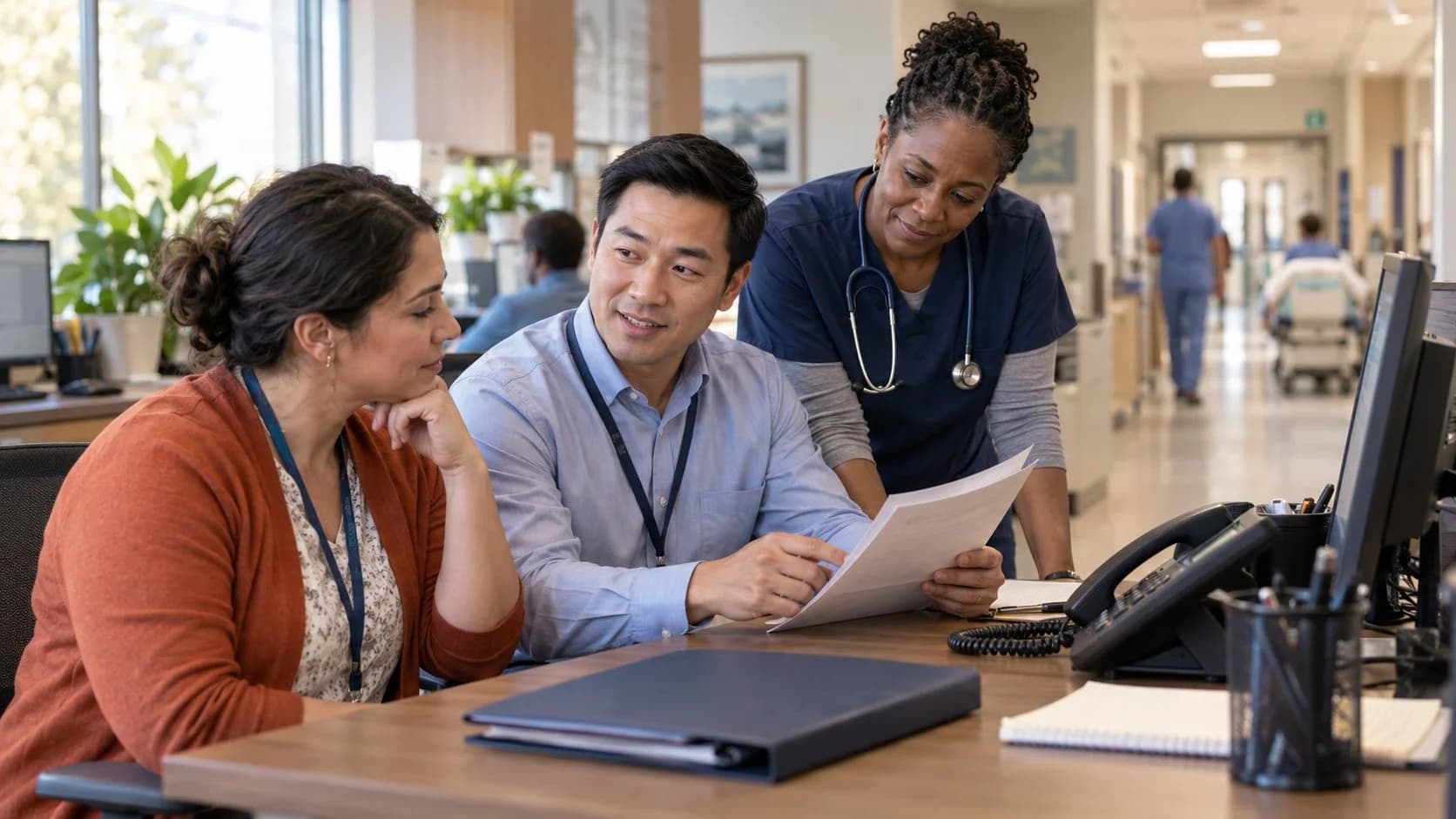 Patient-access coordinator and clinician resolving an authorization issue