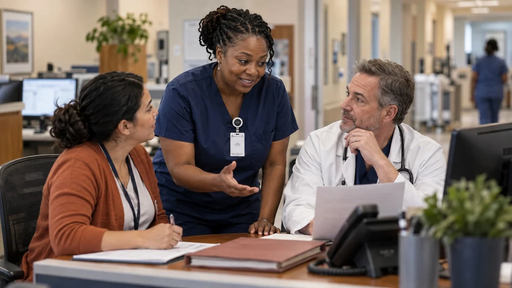 Patient-access coordinator and clinician resolving an authorization issue