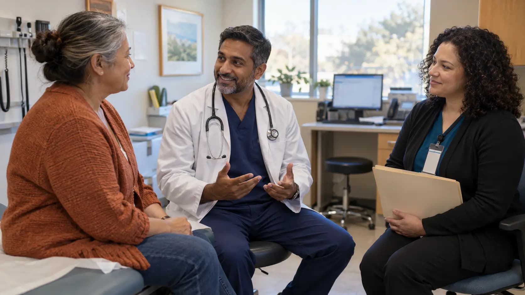 Clinician, patient, and healthcare colleague sharing a warm clinic interaction Clinician, patient, and healthcare colleague sharing a warm clinic interaction