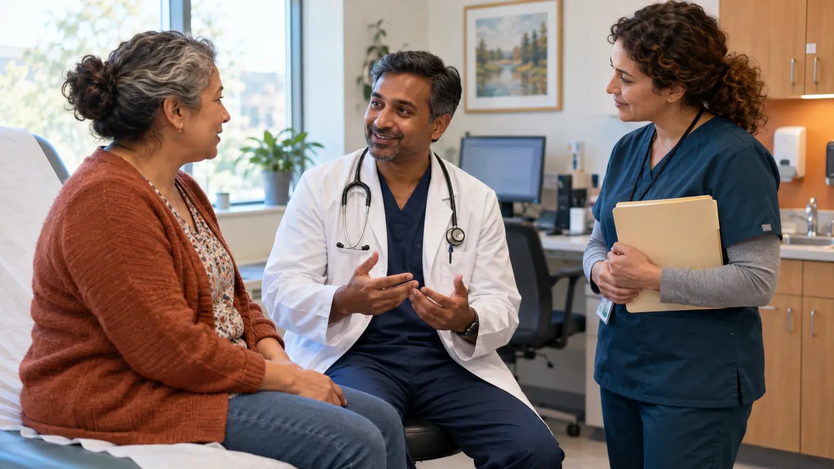 Clinician, patient, and healthcare colleague sharing a warm clinic interaction
