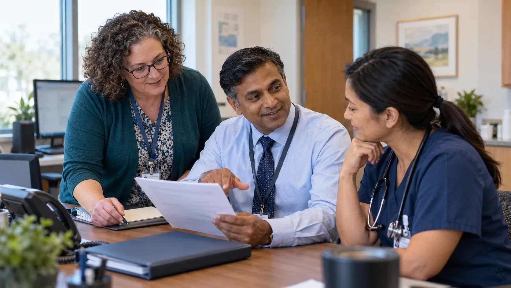 Practice manager and clinician reviewing payer requirements with a specialist