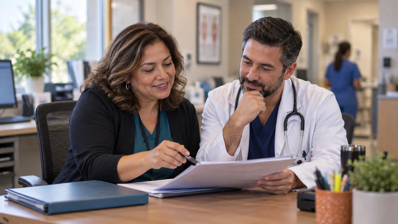 Medical coder and clinician discussing documentation in a medical office
