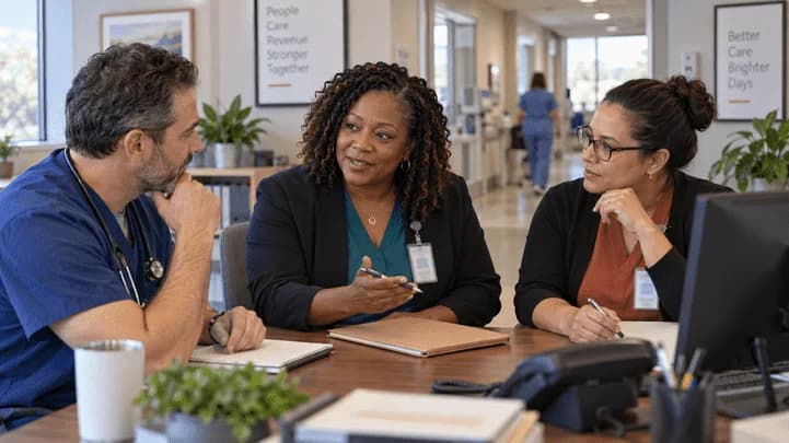 Denial-resolution specialist and clinician reviewing a claim together