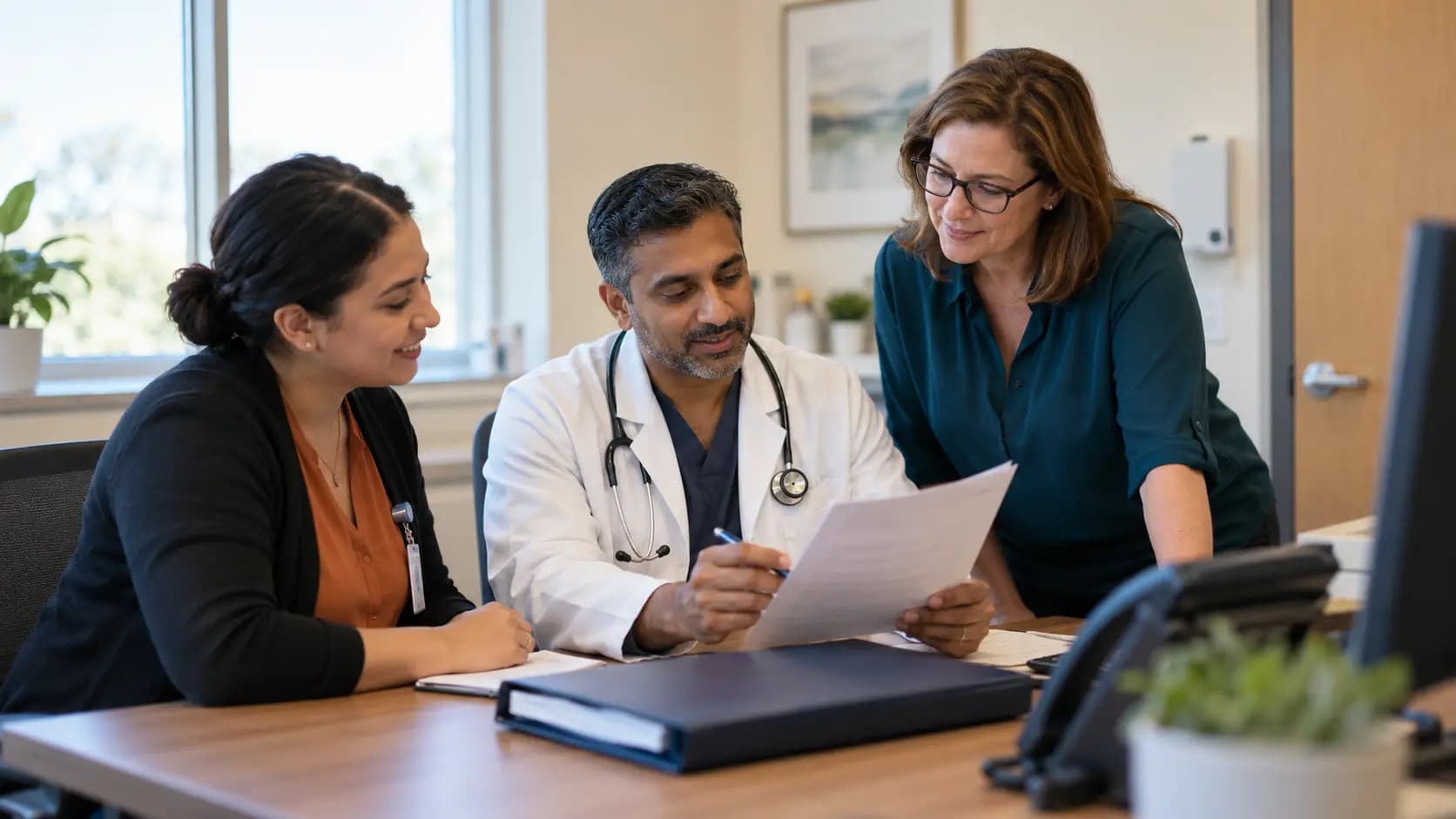 Practice manager and clinician reviewing payer requirements with a specialist