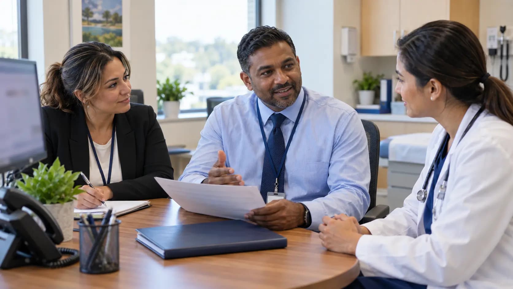 Practice manager and clinician reviewing payer requirements with a specialist
