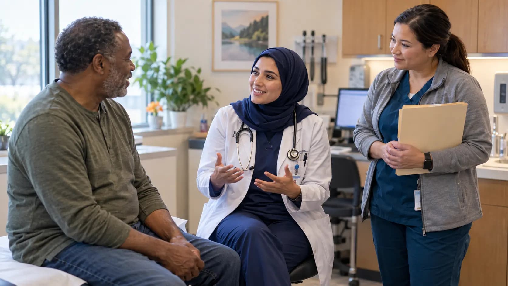Clinician, patient, and healthcare colleague sharing a warm clinic interaction Clinician, patient, and healthcare colleague sharing a warm clinic interaction