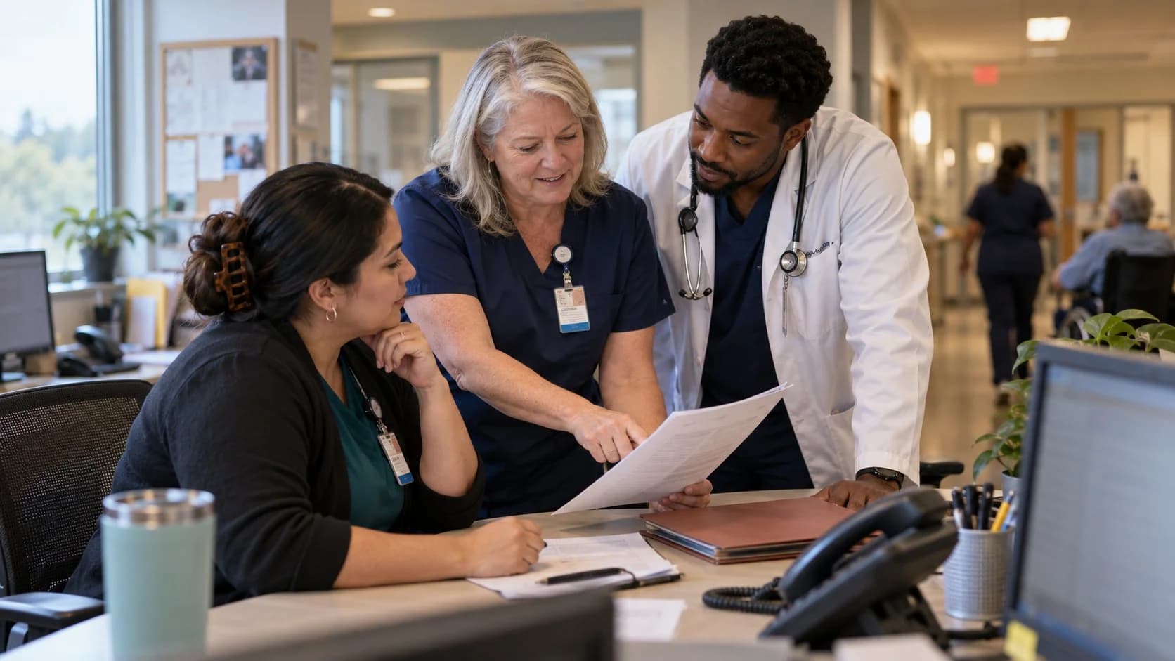 Patient-access coordinator and clinician resolving an authorization issue