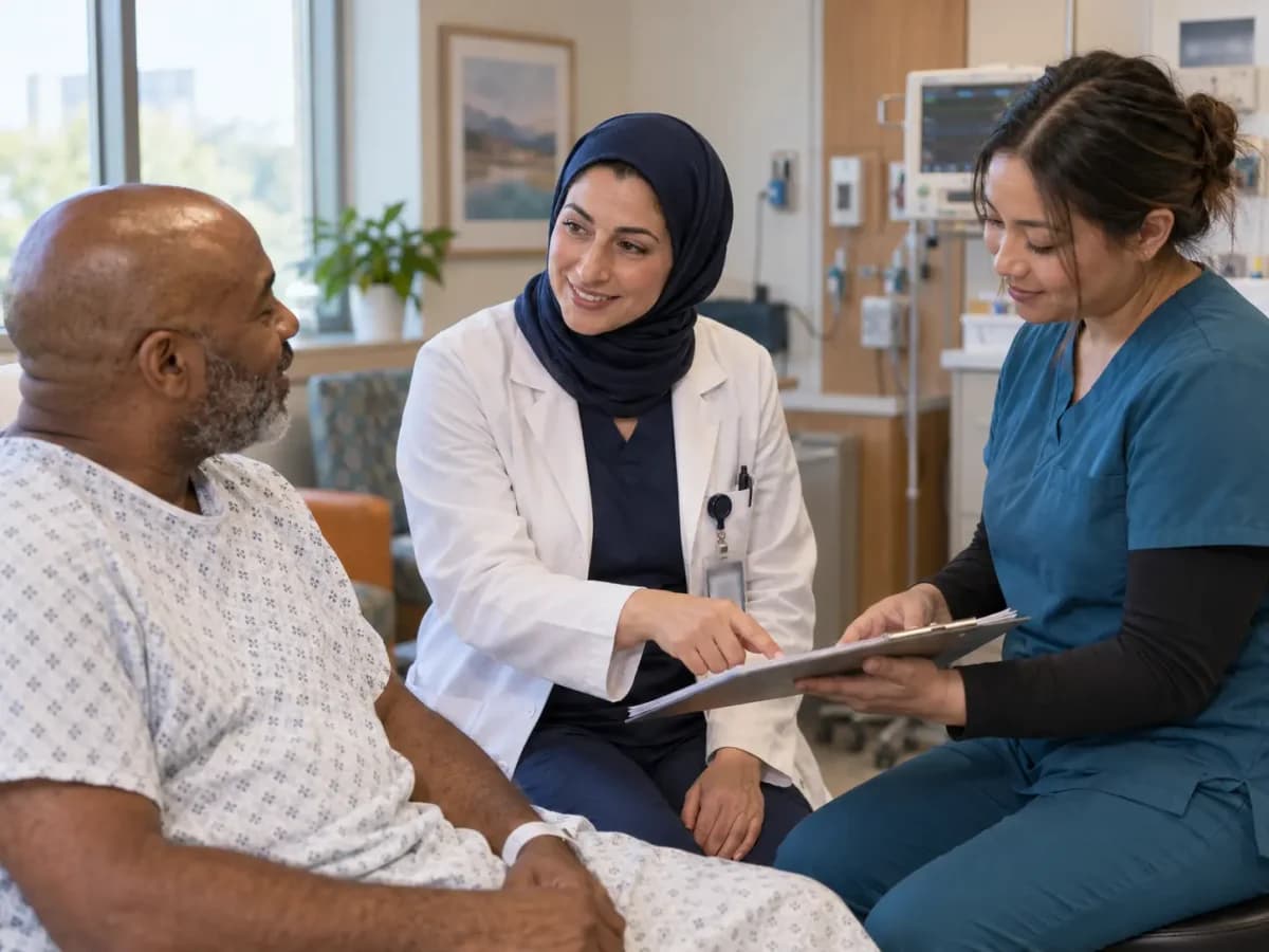 Anesthesiology clinician and patient sharing a warm, attentive moment in a clinic