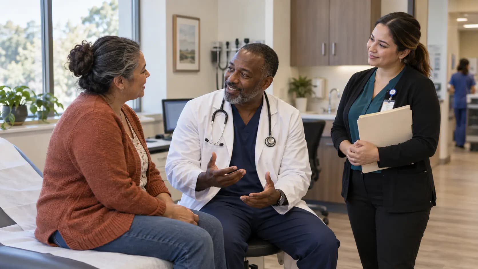 Clinician, patient, and healthcare colleague sharing a warm clinic interaction Clinician, patient, and healthcare colleague sharing a warm clinic interaction