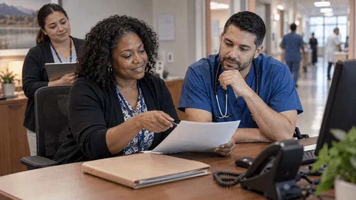 Medical coder and clinician resolving a claim detail together