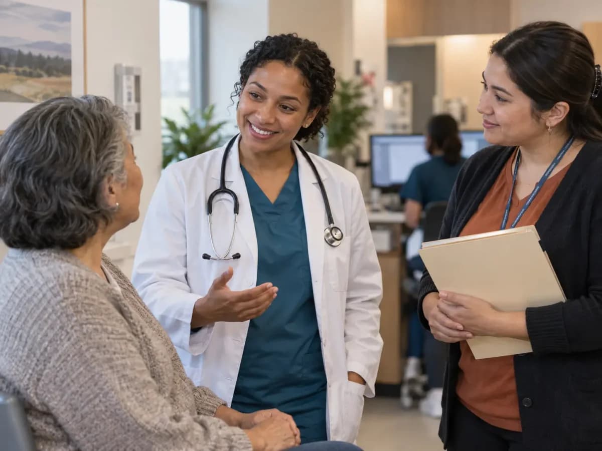 Clinician, patient, and healthcare colleague sharing a warm clinic interaction