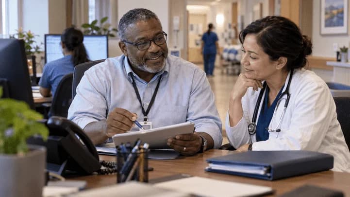 Medical coder and clinician resolving a claim detail together
