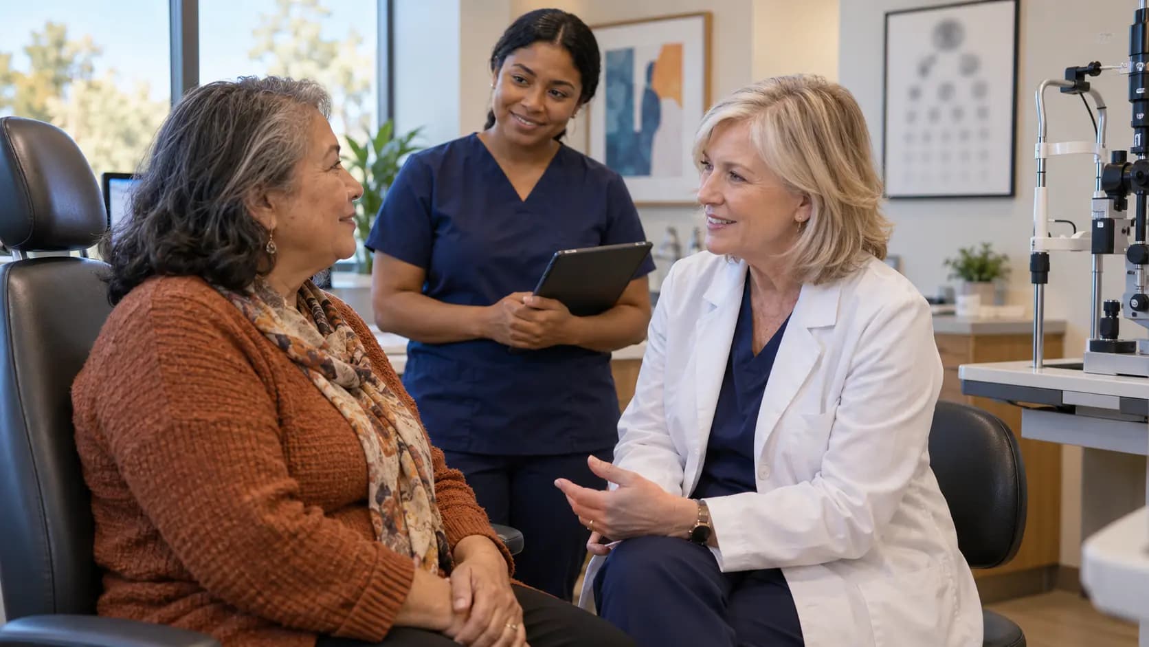 Ophthalmology clinician and patient sharing a warm, attentive moment in a clinic