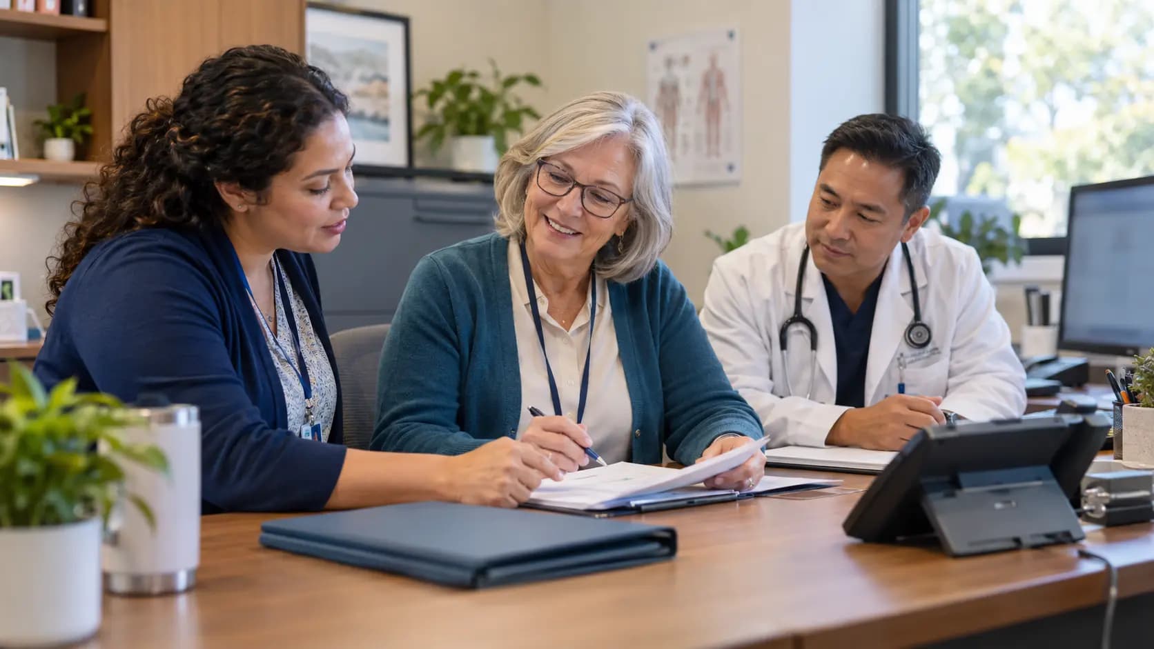 Practice manager and clinician reviewing payer requirements with a specialist