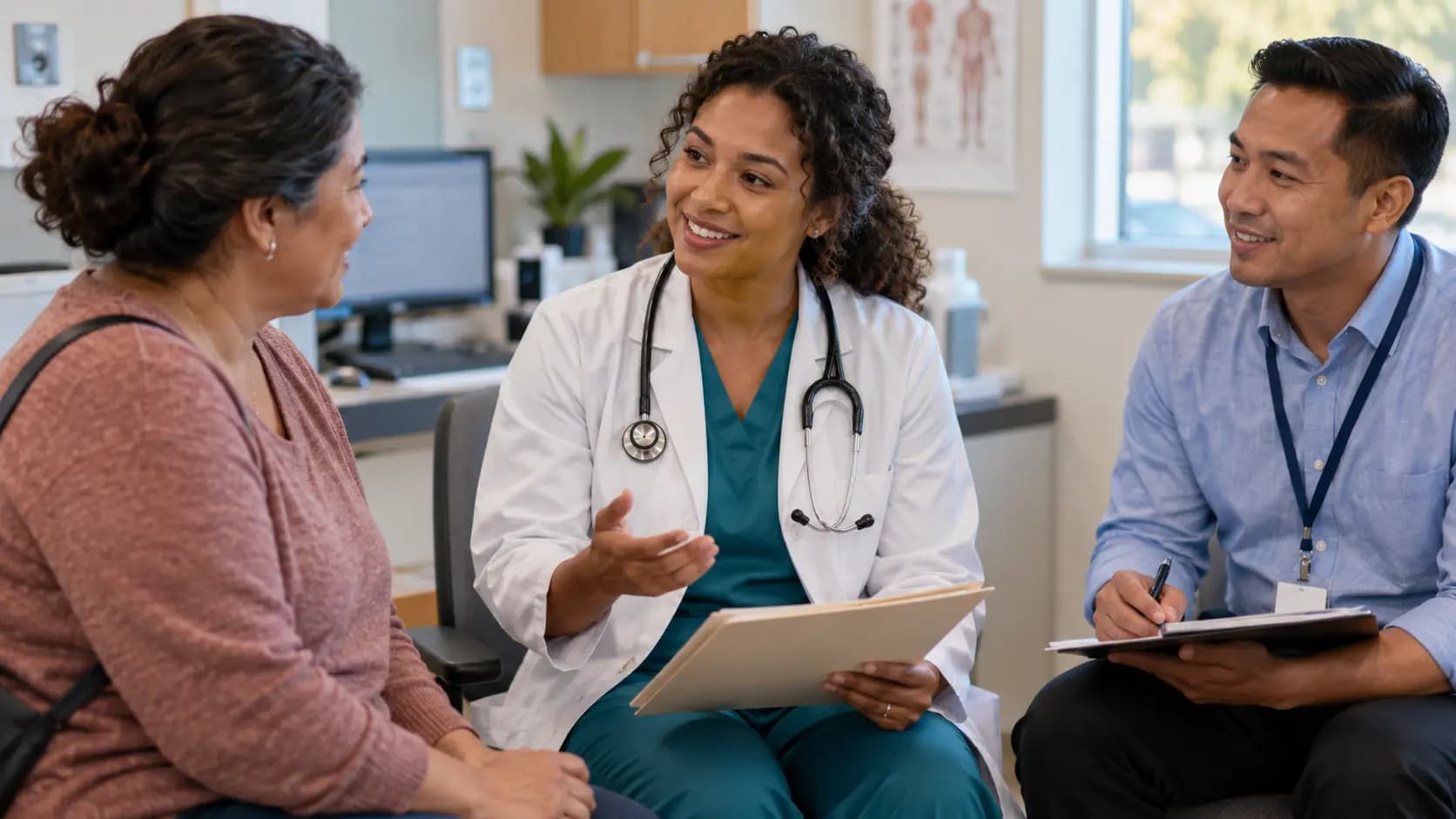 Clinician, patient, and healthcare colleague sharing a warm clinic interaction