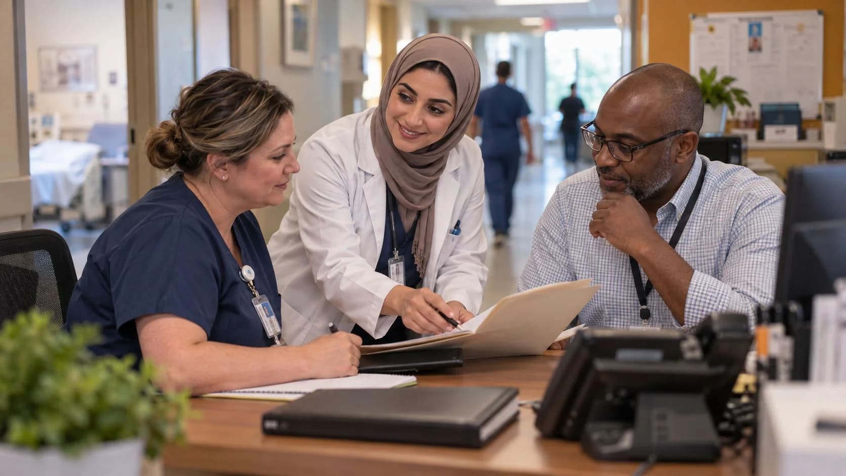 Physician advisor and utilization nurse reviewing documentation together