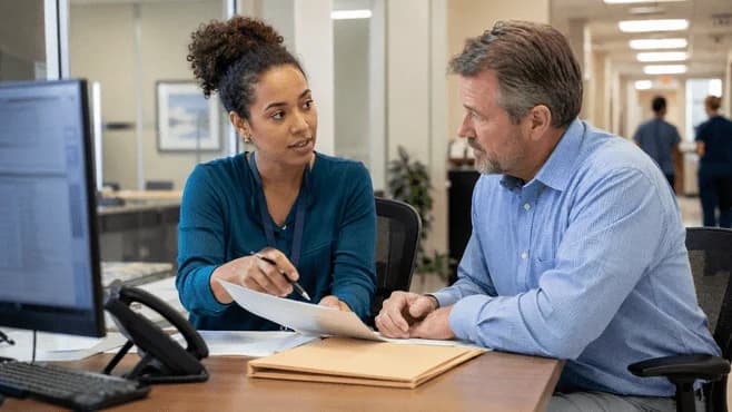 Reimbursement analyst and revenue manager reviewing a payment variance