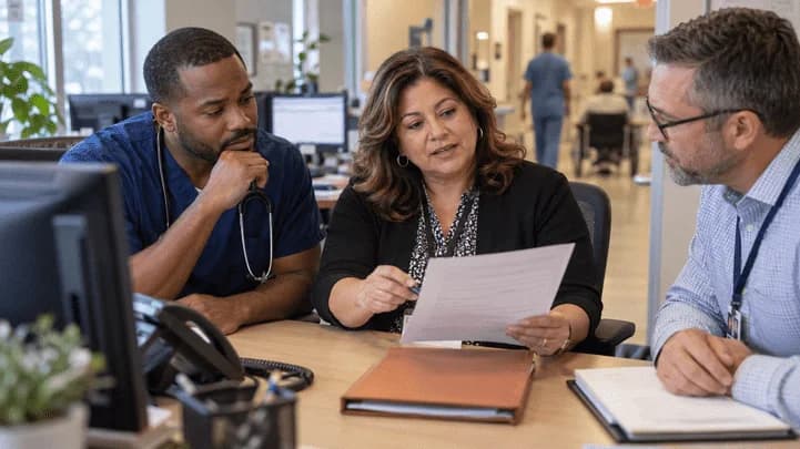 Denial-resolution specialist and clinician reviewing a claim together