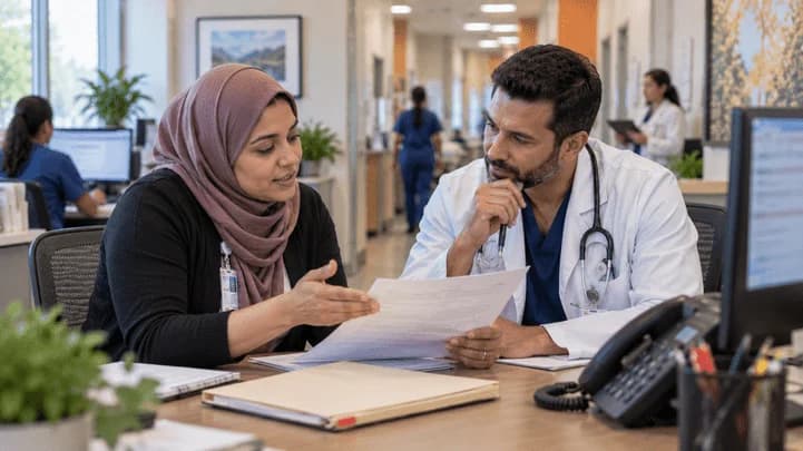 Medical coder and clinician resolving a claim detail together
