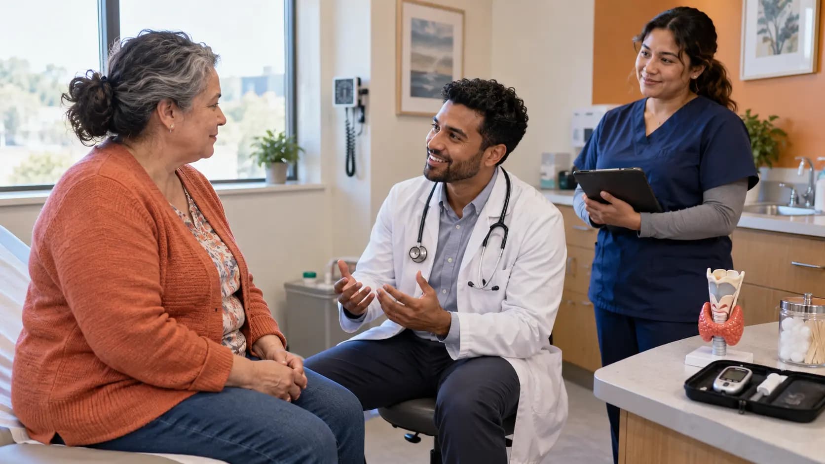 Endocrinology clinician and patient sharing a warm, attentive moment in a clinic