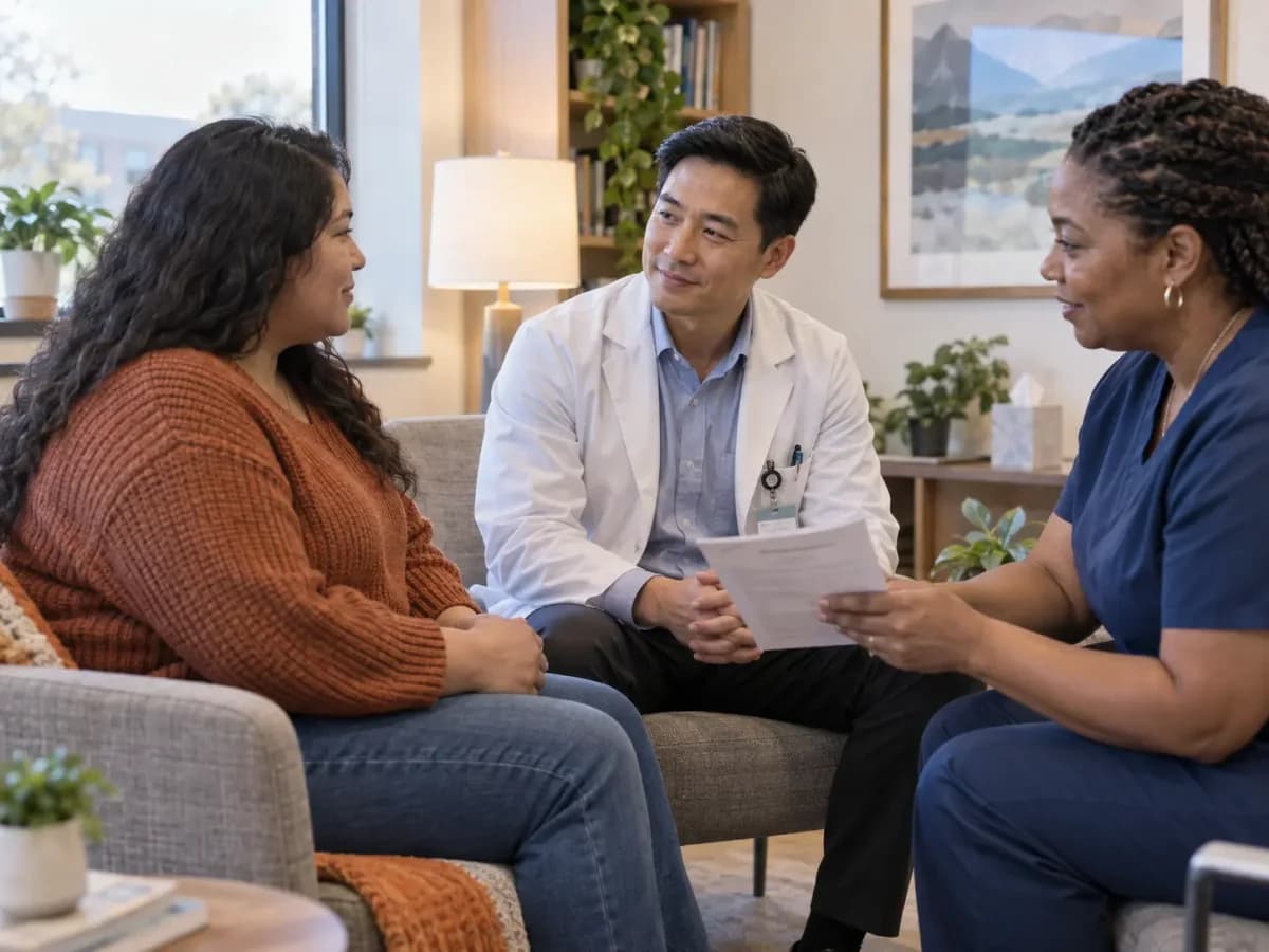 Psychiatry clinician and patient sharing a warm, attentive moment in a clinic