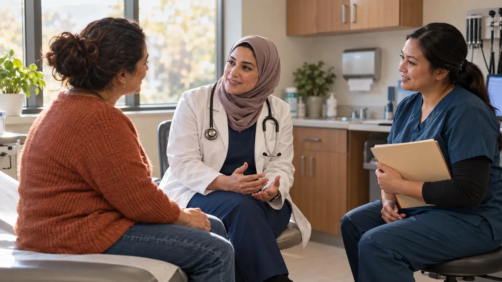 Other clinician and patient sharing a warm, attentive moment in a clinic