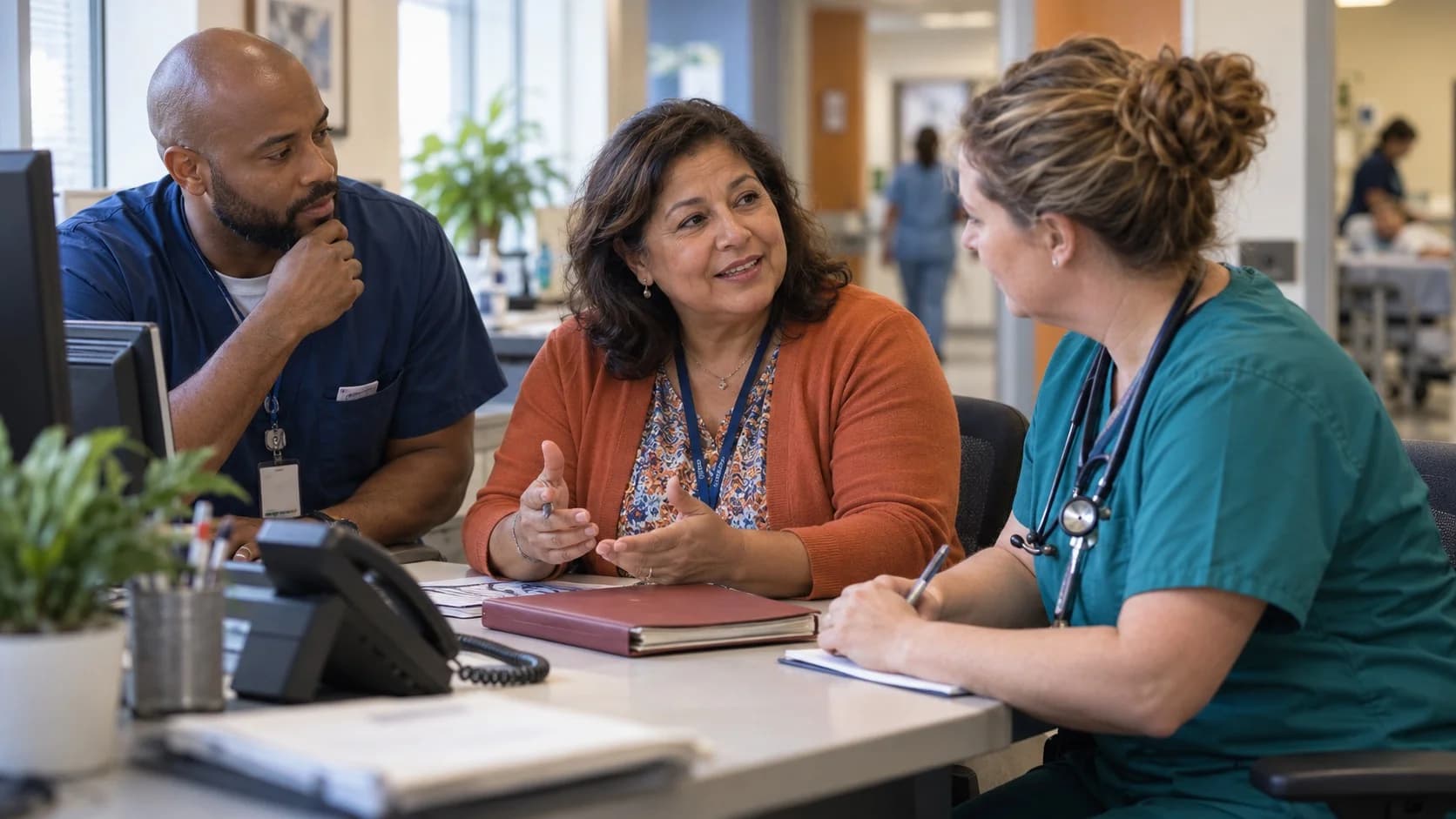 Patient-access coordinator and clinician resolving an authorization issue