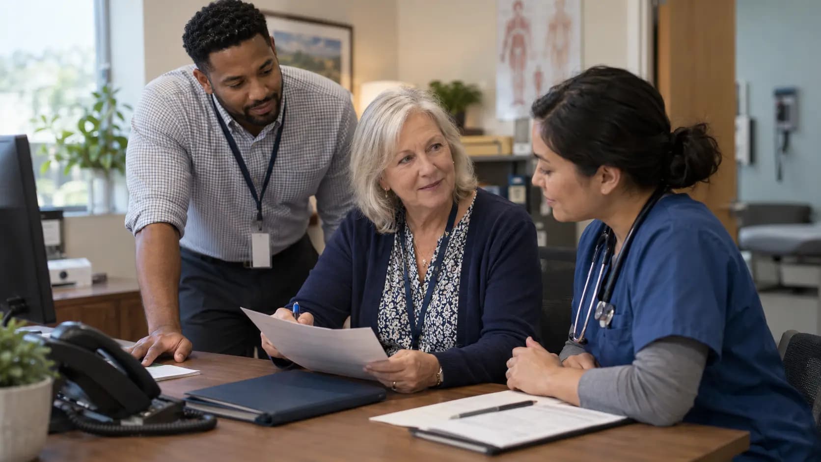Practice manager and clinician reviewing payer requirements with a specialist