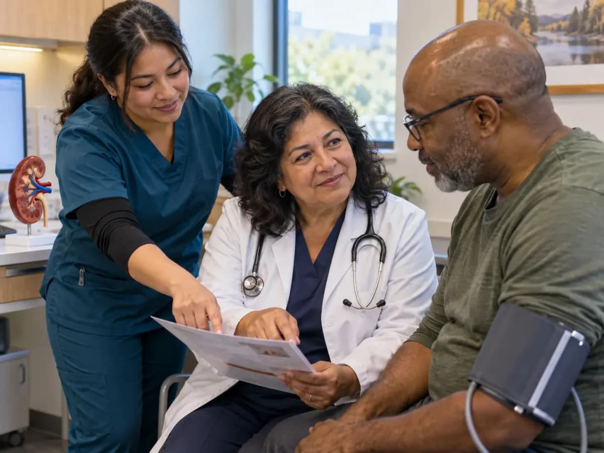 Nephrology clinician and patient sharing a warm, attentive moment in a clinic