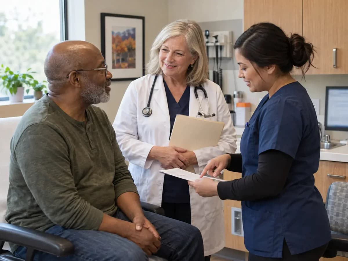 Hematology clinician and patient sharing a warm, attentive moment in a clinic
