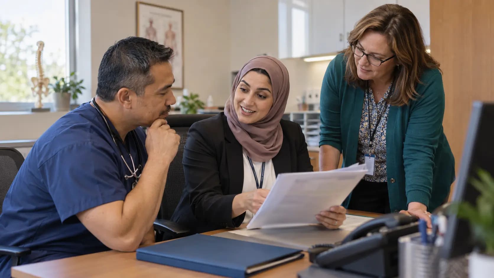 Practice manager and clinician reviewing payer requirements with a specialist