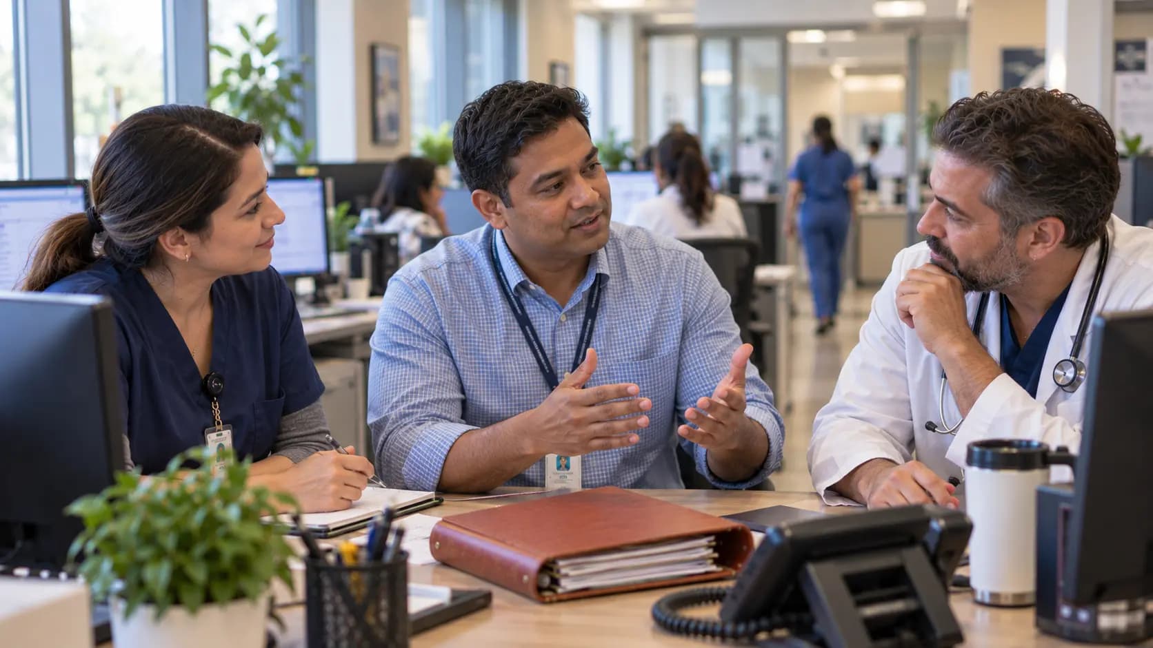 Revenue-cycle specialist and clinician resolving a billing workflow together Revenue-cycle specialist and clinician resolving a billing workflow together