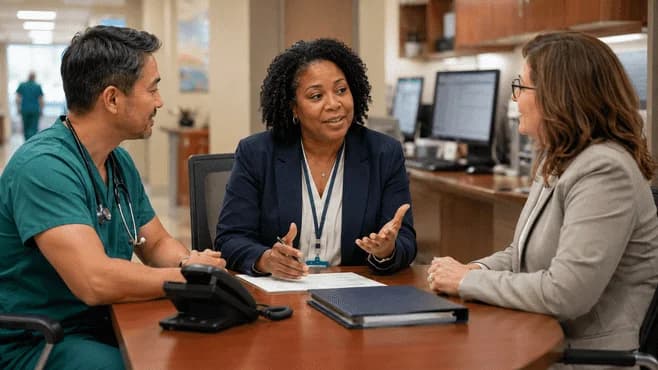 Denial-resolution specialist and clinician reviewing a claim together