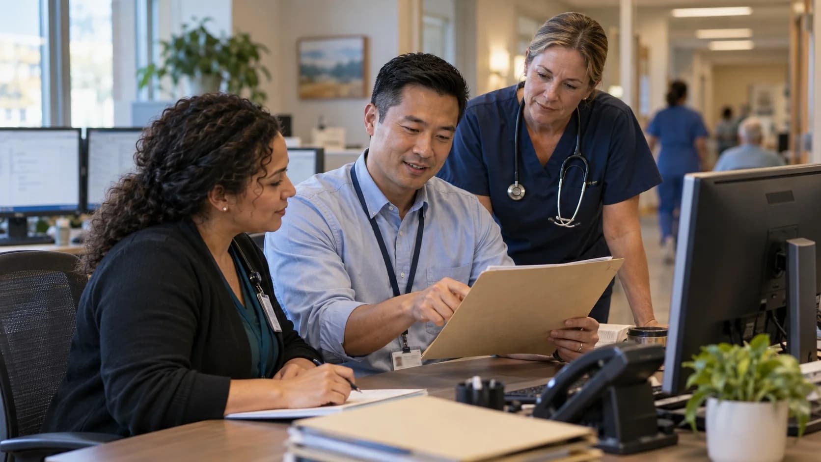 Patient-access coordinator and clinician resolving an authorization issue