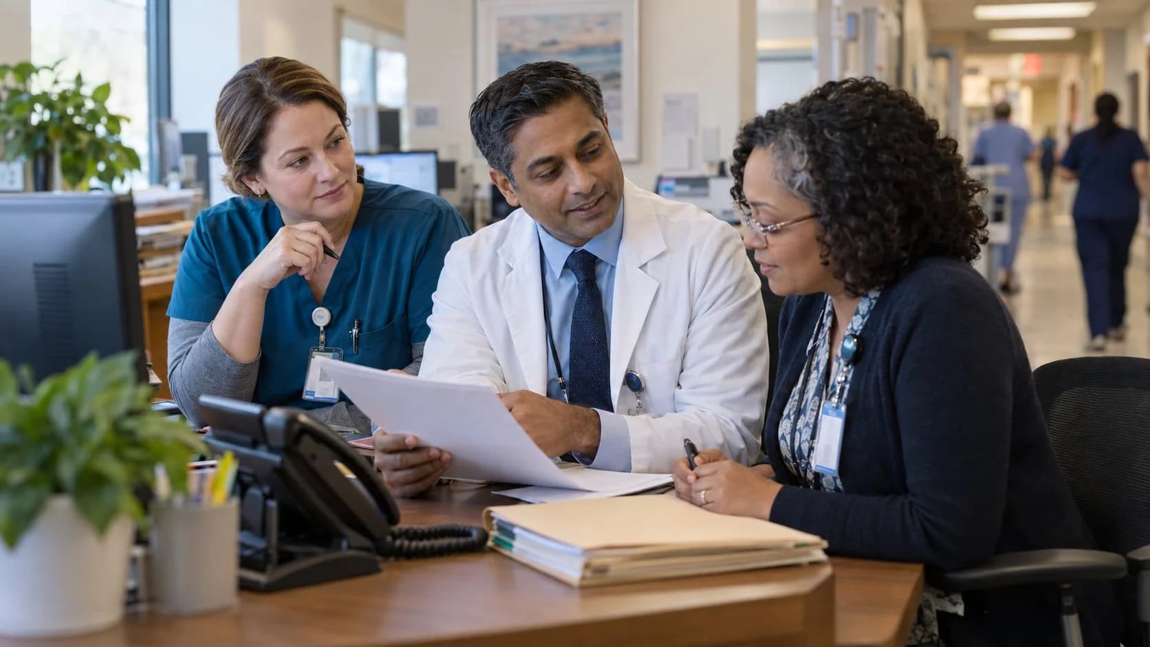 Physician advisor and utilization nurse reviewing documentation together