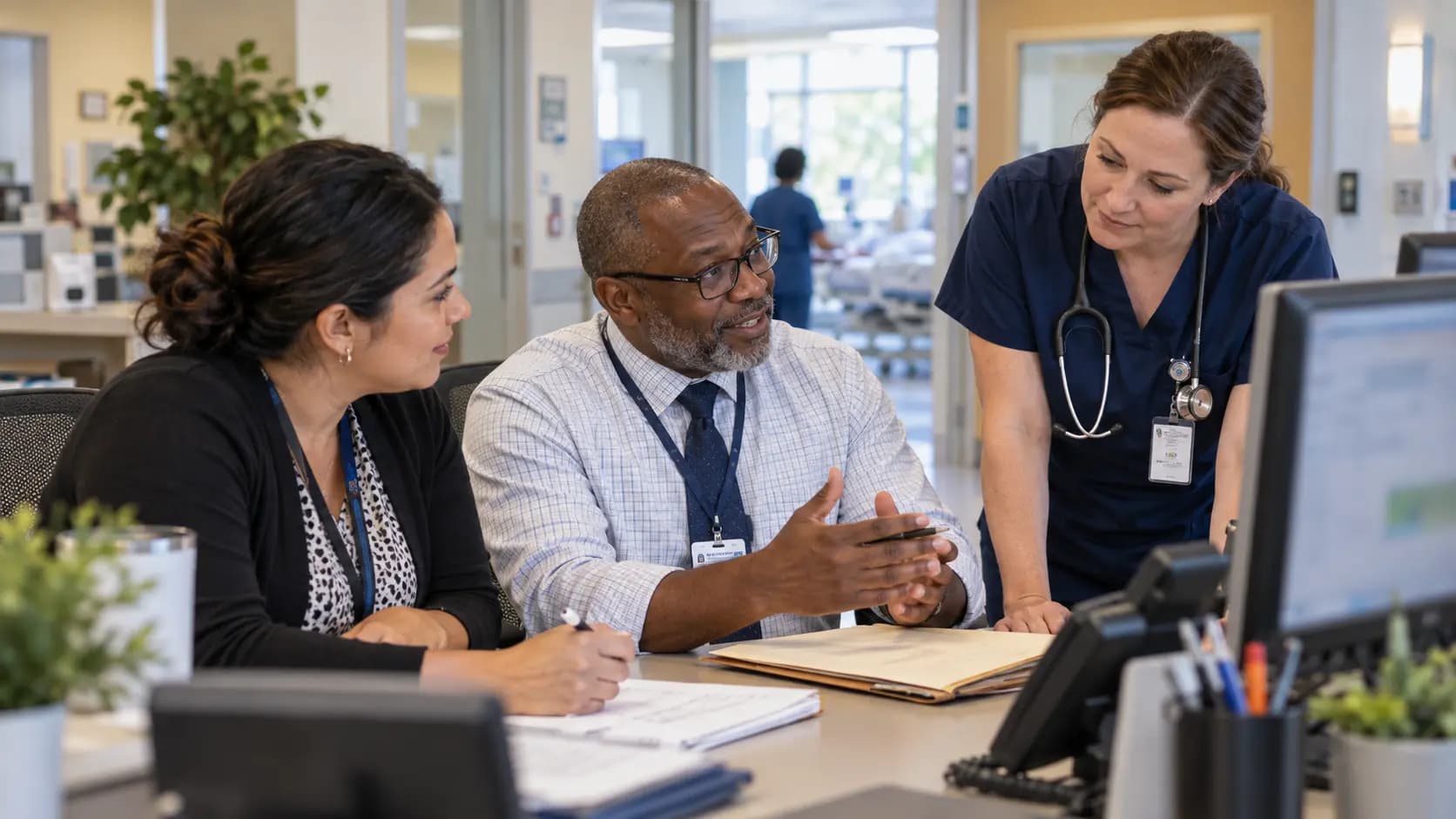 Revenue-cycle specialist and clinician resolving a billing workflow together Revenue-cycle specialist and clinician resolving a billing workflow together