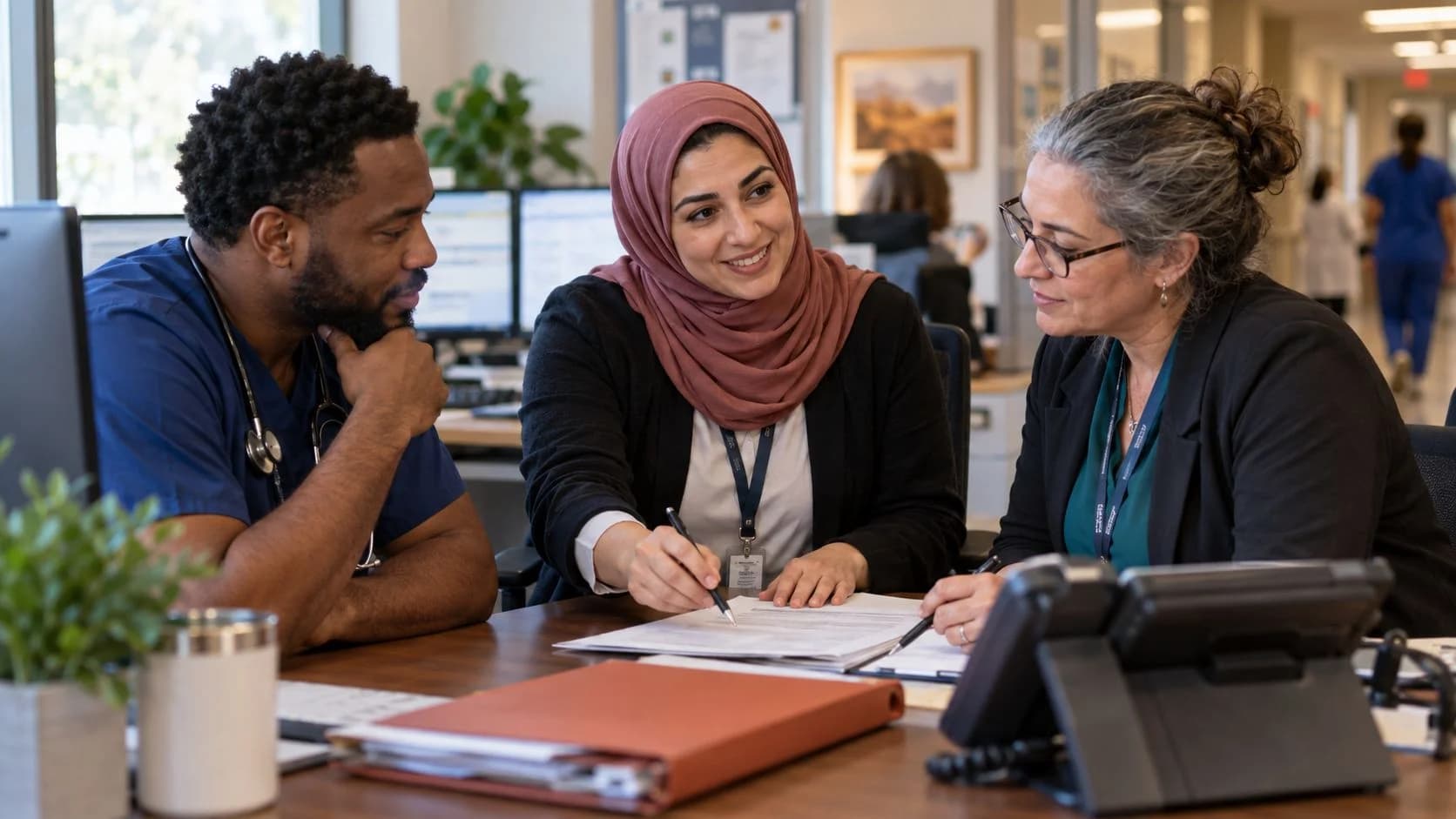 Denial-resolution specialist and clinician reviewing a claim together