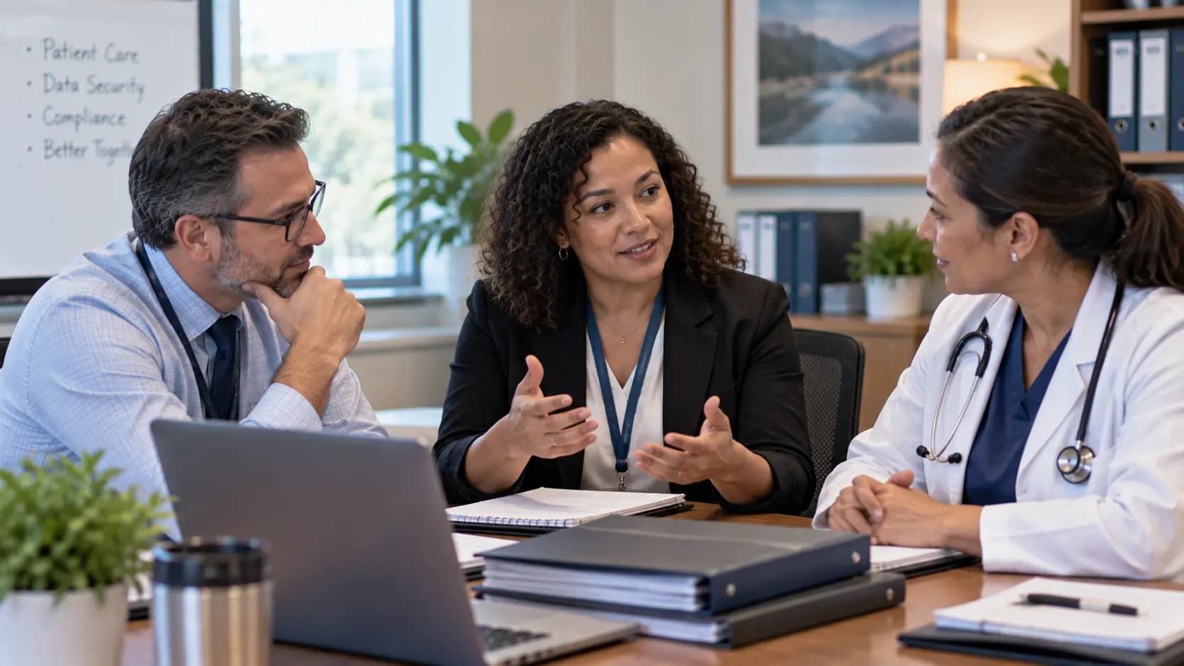 Healthcare compliance officer meeting with a clinician and practice manager Healthcare compliance officer meeting with a clinician and practice manager